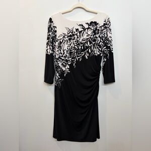 Lauren Ralph Lauren Black And Cream Ruched Dress Size 14P Floral Sheath